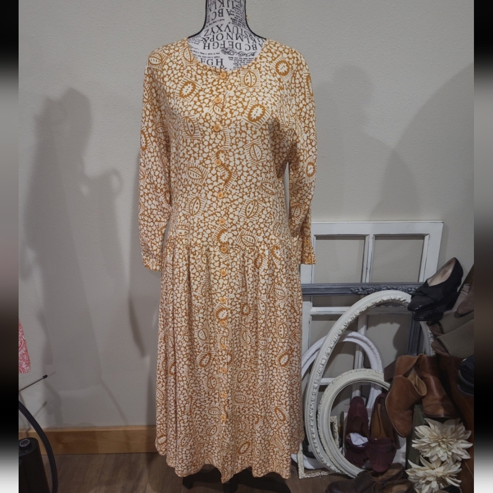 Vintage Starina Women SZ M Marigold floral Midi dress modest button down pockets